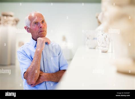 Attentive Mature Man Observing Sculptures Exhibition In Art Museum Stock Photo Alamy