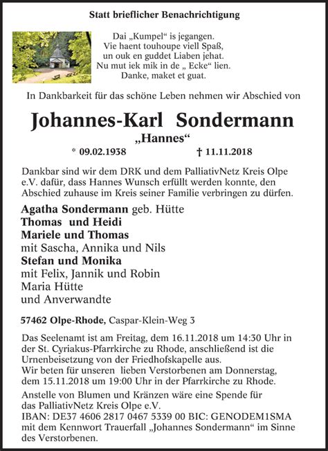 Traueranzeigen Von Johannes Karl Sondermann Trauer In Nrw De