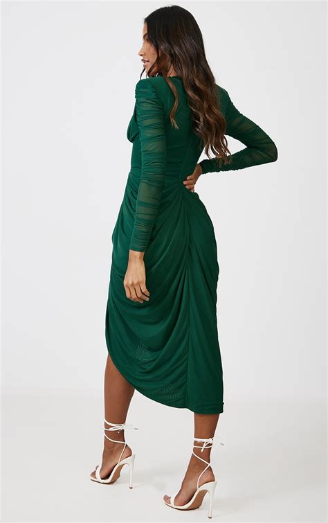 Emerald Green Mesh Ruched Midi Dress Prettylittlething