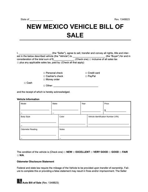 Free New Mexico Bill of Sale Forms | PDF & Word