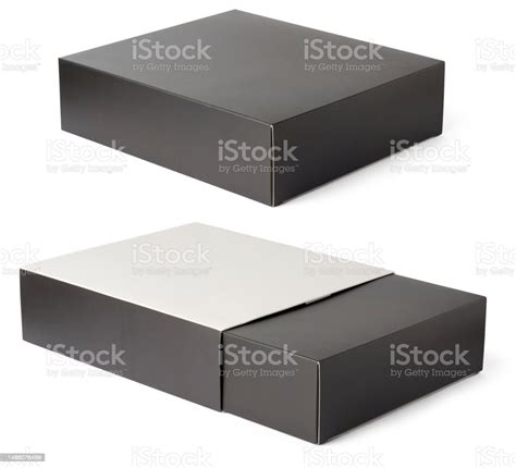 Set Of Black Carton Box With Cover Isolated Stock Photo Download