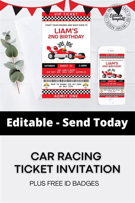 Editable Race Car Racing Invitation Plus Free ID Badges Car Race