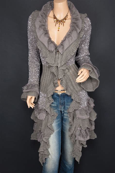 Trendy Ruffles Lace Tiered Hem Button Up Cardigan Long Sweater Jacket