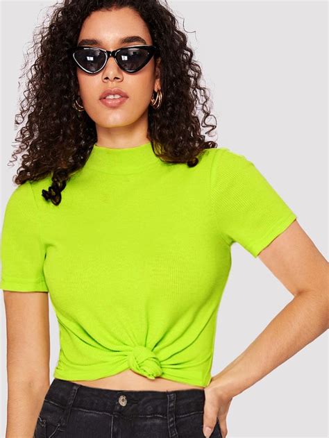 Shein Mock Neck Rib Knit Form Fitted Neon Top Neon Top Fashion Form Fitting