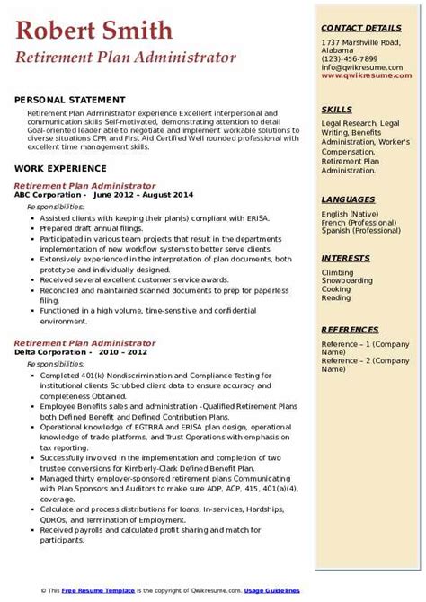 Retirement Plan Administrator Resume Samples Qwikresume