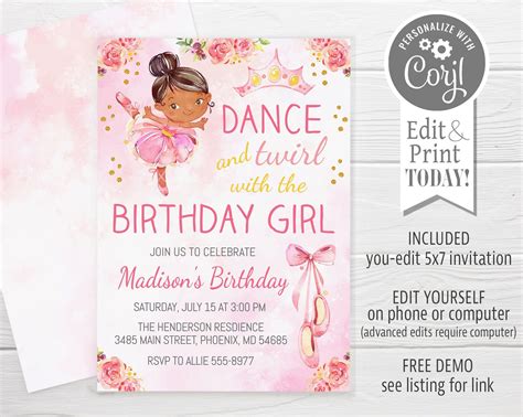 Ballet Birthday Invitation Editable Dance And Twirl Dark Hairdark Skin Ballerina Invitation