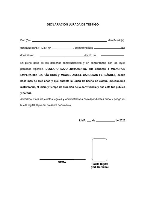 Modelo de Declaracion Testigos Convivencia DECLARACIÓN JURADA DE