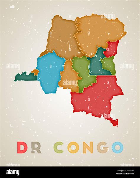 Dr Congo Mapa Cartel De País Con Regiones De Colores Vieja Textura Grunge Ilustración