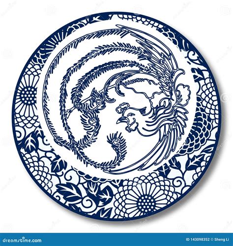 Chinese Traditional Blue And White Porcelain Phoenix Stock Vector