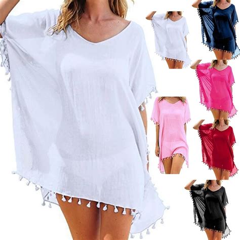 Women Beach Smock Short Sleeve Deep V Neck Beach Tunic Bathing Suit