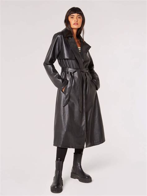 Leather Look Trench Coat Apricot Clothing