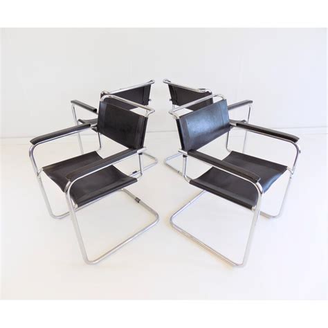 Set Of 4 Vintage Thonet S34 Leather Cantilever Chairs By Mart Stam