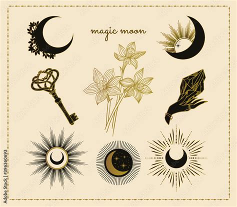 magic witch symbols: moon, hand, crystal, flowers, key occult ...