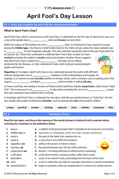 April Fool S Day Reading Tefl Lessons Tefllessons Free Esl