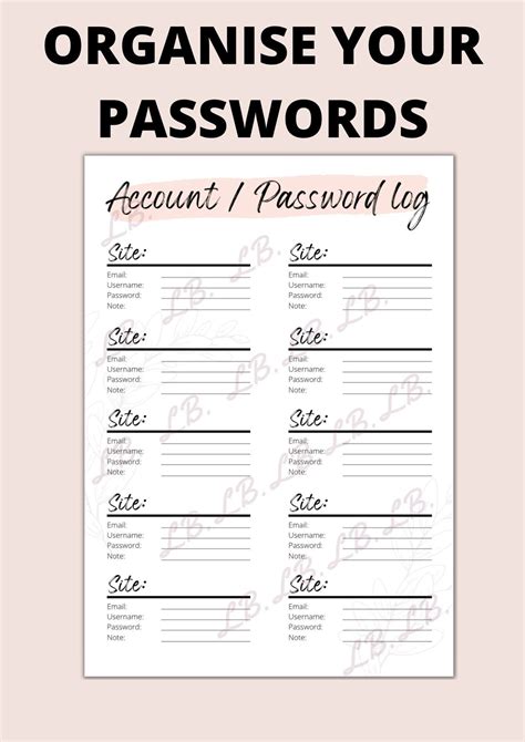 Printable Password Cheat Sheet Account Log Personal Password Diary Digital File Instant Download