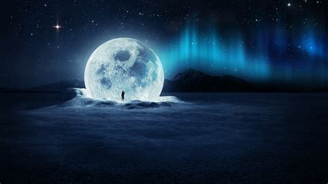 Aurora Borealis Landscape Moon Night Starry Sky Artistic Surreal Hd