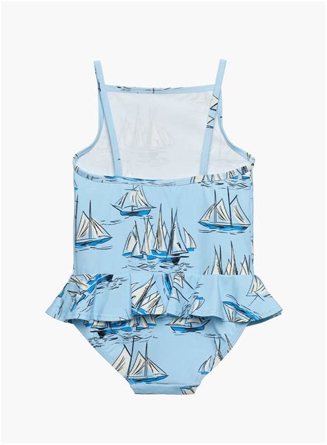 Girls Peplum Swimsuit In Blue Sailboat Trotters London