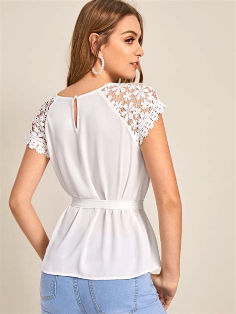 SHEIN Solid Guipure Lace Sleeve Self Belted Top SHEIN USA