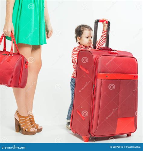 Child With Mother Ready To Travel Stock Image Image Of Rolling