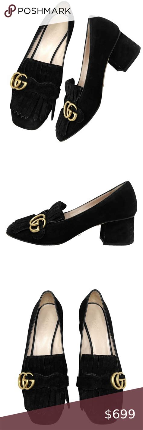 Gucci Marmont Gg Gold Logo Black Suede Kiltie Fringe Block Heels