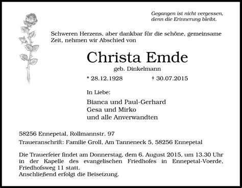 Traueranzeigen Von Christa Emde Trauer In Nrw De