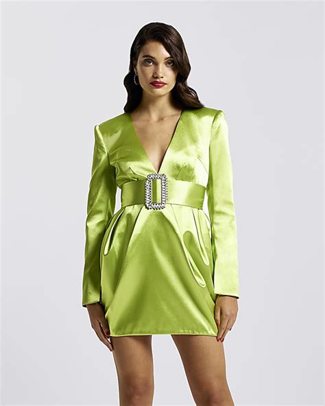 Lime Green Satin Long Sleeve Mini Dress River Island