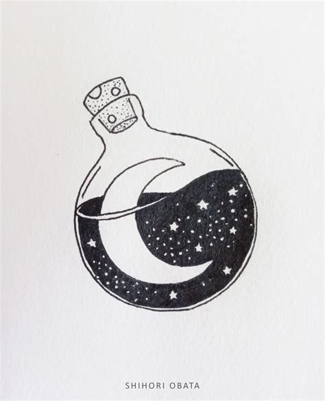 An Ink Drawing Of A Bottle On Top Of A Crescent With Stars In The Sky