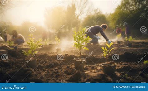 People Planting Trees In Community Garden Generative Ai Stock