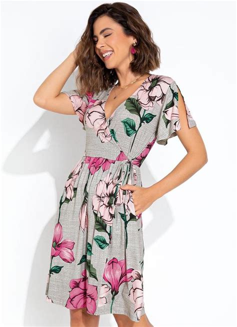 Vestido Floral Cinza Em Malha De Viscose Quintess