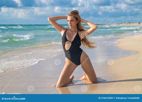 Woman At Beach Sensual Girl Enjoying The Sea Beach Tanned Woman