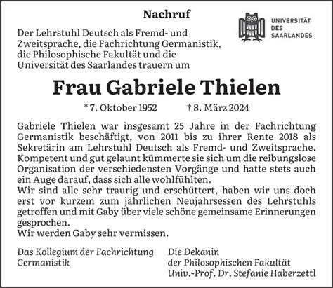 Traueranzeigen Von Gabriele Thielen Saarbruecker Zeitung Trauer De