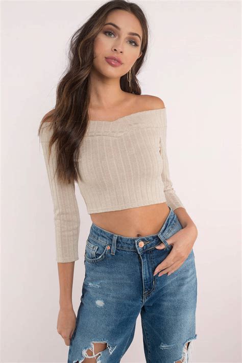 Cute Taupe Crop Top Off Shoulder Top Long Sleeve Crop Top 23