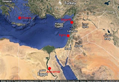 Map with positions of Amarna, Thera, Tyre and Ugarit. | Download ...