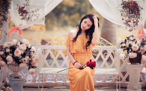 Wallpaper Model Brunette Asian Dress Bench Spring Clothing