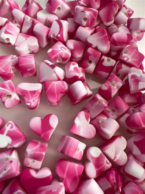 Silicone Small Pink Printed Heart Beads High Quality CRAFT SUPPLY