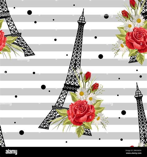 Seamless Floral Pattern With Eiffel Towers On Striped Background