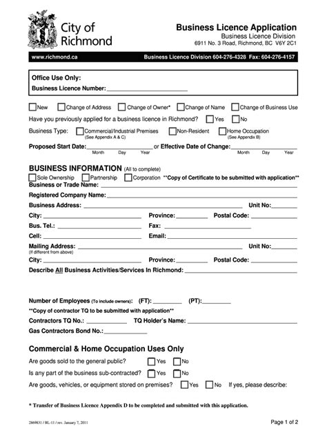 Fillable Online Richmond Business Licence Application Form Richmond