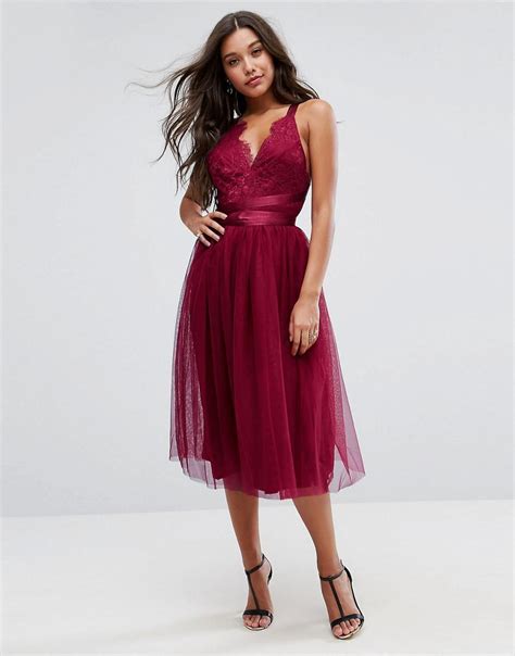 Lyst Asos Premium Lace Top Tulle Midi Prom Dress With Ribbon Ties In Pink