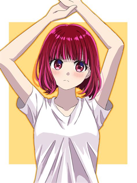 Safebooru 1girl Annu7 Arima Kana Arms Up Blunt Bangs Blush Bob Cut