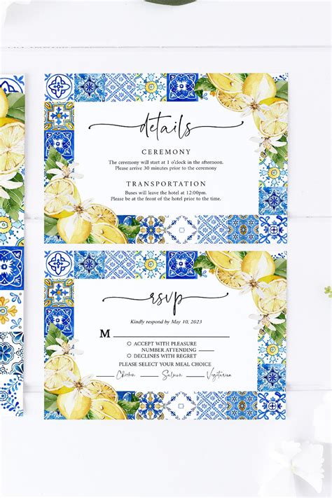 Positano Blue Tiles Lemon Wedding Invitation Italy Amalfi Coast