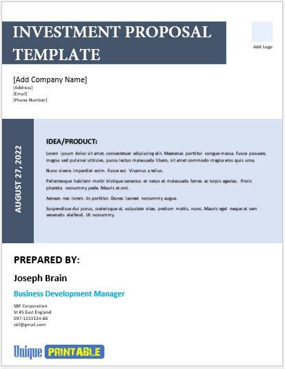 Investment Proposal Template Free Unique Printable Templates