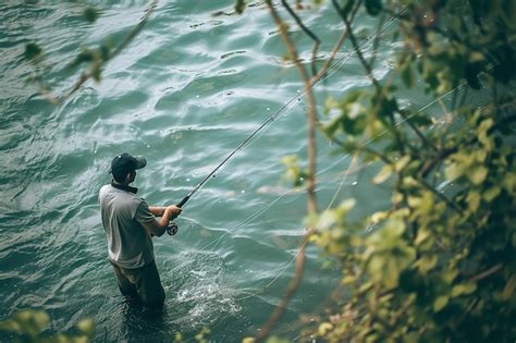 Premium Photo Fisherman Catching Fish With Rod At Riverside