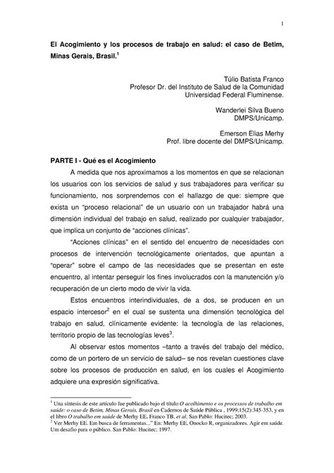 Merhy Acogimiento Y Procesos De Trabajo En Salud El Acogimiento Y