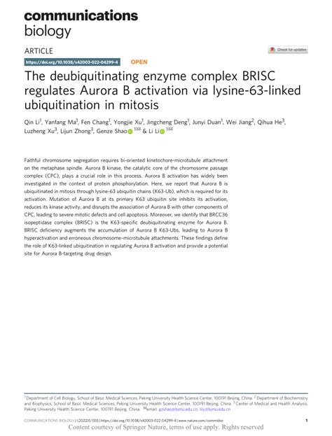 PDF The Deubiquitinating Enzyme Complex BRISC Regulates Aurora B