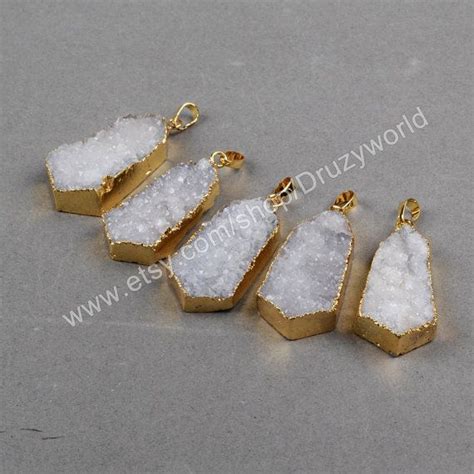 Hexagon Natural White Color Agate Druzy Geode Pendant Bead Gold Plating