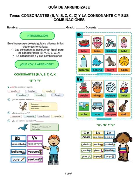 Gu A De Aprendizaje Consonantes B V S Z C X Y La Consonante