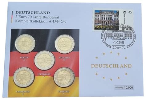 BRD 5 x 2 Euro Münzen ADFGJ Bundesrat 2019 Numisbrief mit Briefmarke u