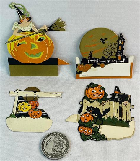 Lot Vintage 1930s Lot Of 4 Misc Halloween Die Cut Place Cards Dennison Gibson Unused