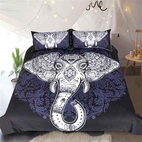 Elephant Printed Bedding Set King Queen Size Luxury 3pcs Black Bed Duvet Cover Single Double