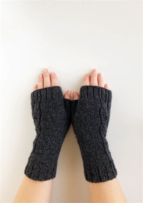 Knit Grey Merino Wool Fingerless Gloves Knitted Cable Etsy Wool